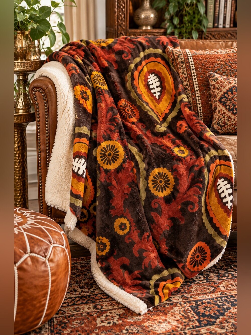 Sonoma Life + Style Retro Paisley Sherpa Fleece Throw Blanket Rust Brown 50x60
